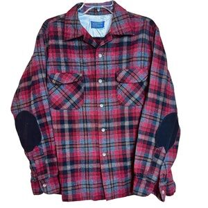 Pendleton 50s Vintage Wool Loop Collar Board Shirt Red Plaid sz L Elbow Patch